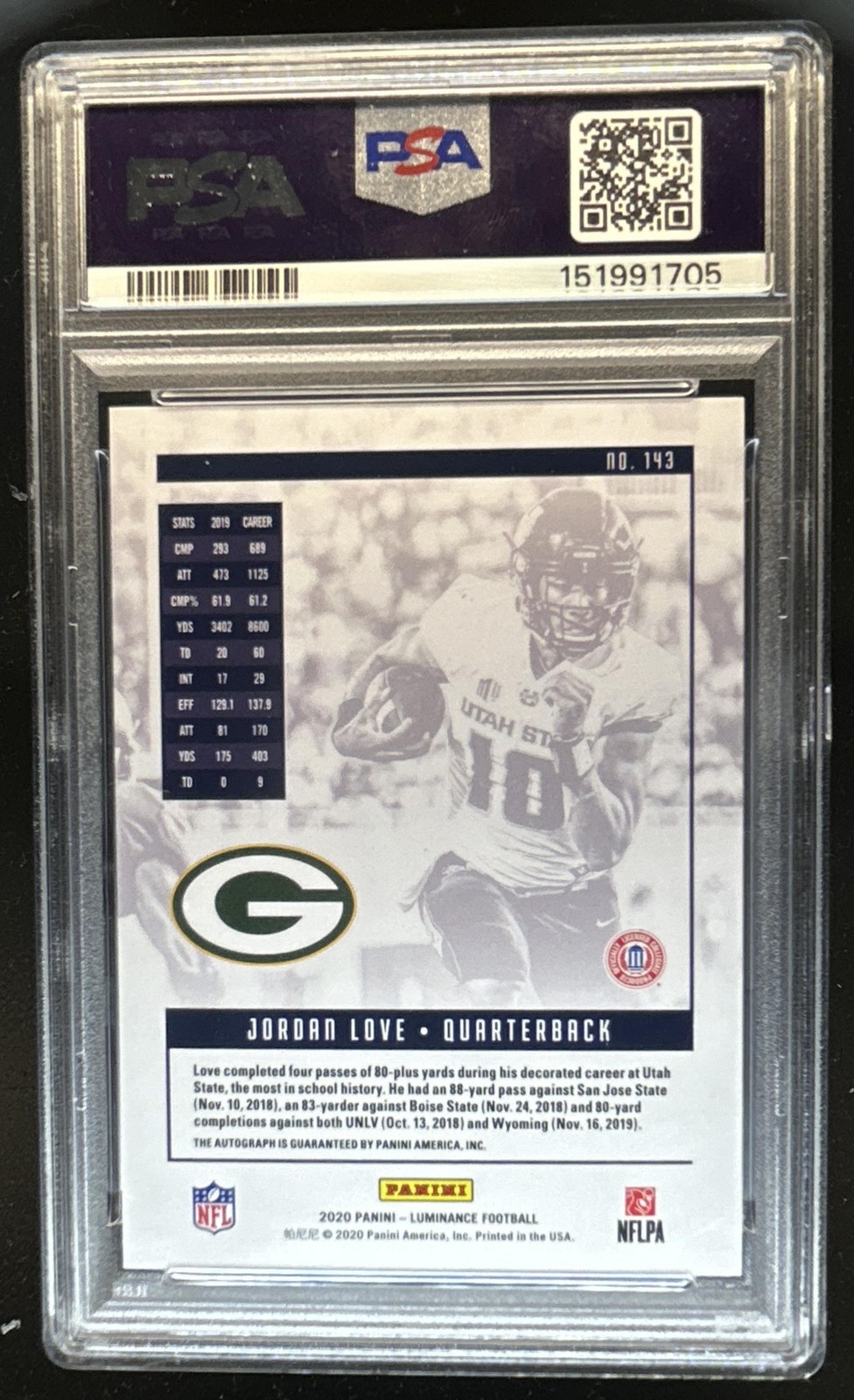 2020 Panini Luminance Jordan Love Auto RC #/299 Packers PSA 10 GEM MINT Rookie view 2
