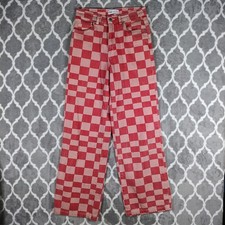 Zara Jeans Women Size 4 Red Pink Checkerboard Wide Leg High Rise Pants
