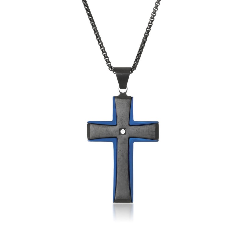 Black & Blue Ion Plated Stainless Steel Cross Pendant with 0.03ct. Diamond - 24"