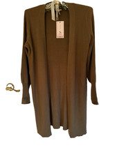 TU Petite Women’s Long Cardigan Size 12P Khaki Open Front Bnwt Exc Cond