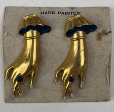 Pair 1950s Vintage Victorian Revival Figural Hand Hand-Painted Gold Brooches