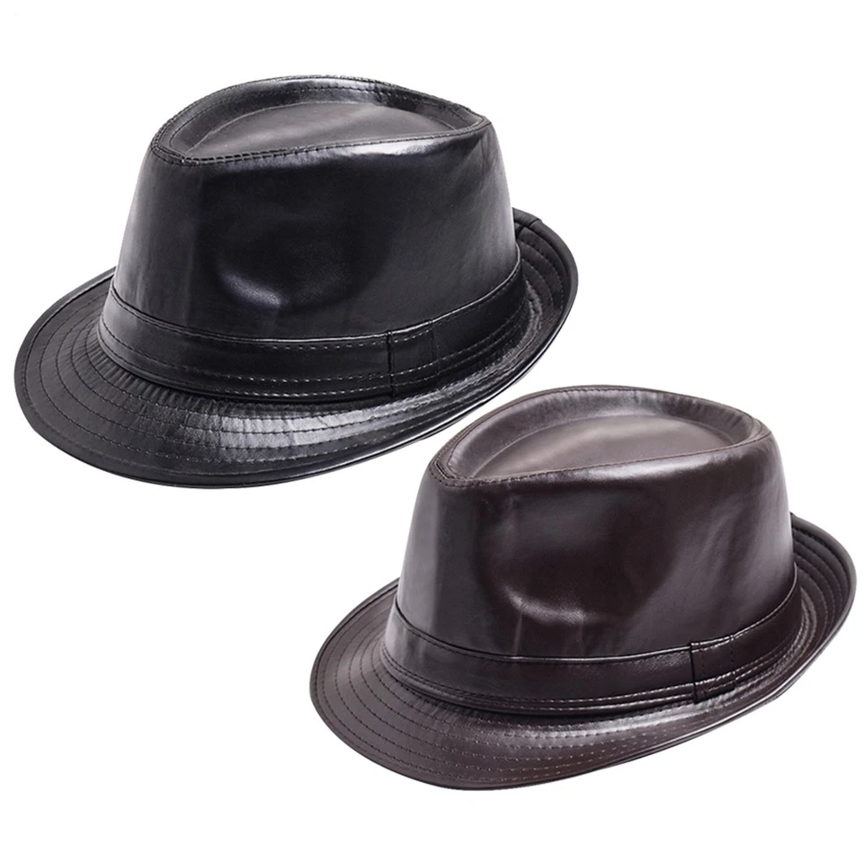Gorra corta de cuero clásico PU Trilby Bowler ala Fedoras Panamá para jazz hombres Foto 3 de 4
