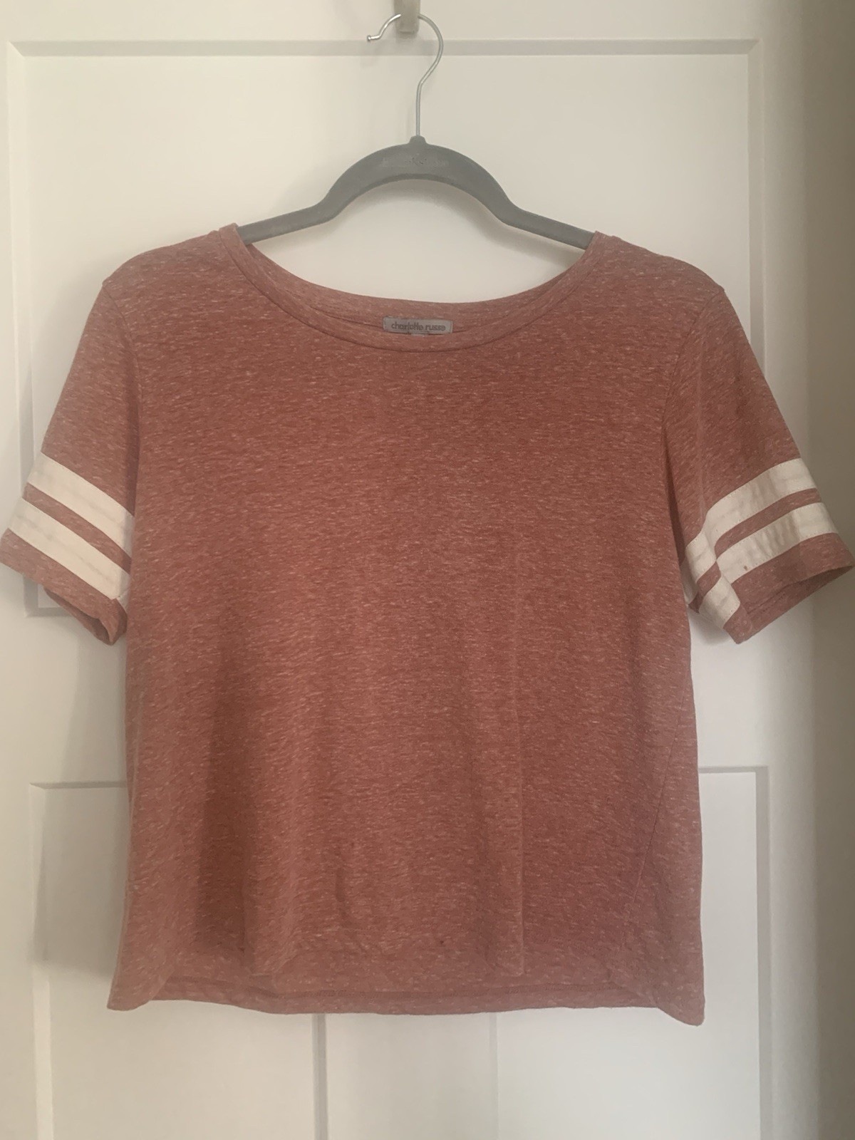 Charlotte Russe Women's Pink Short Sleeve Varsity Stripe Crop Top Small