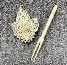 Vintage Art Deco Carved Celluloid Double Pin Fur Clip & Hair Fork Set 1930-1940s