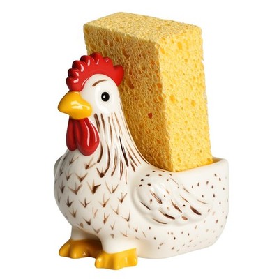 Bicuzat Ceramic Retro White Rooster Shape Sponge Holder for Kitchen 