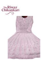 Lucknowi Cotton Anarkali Kurti  Pink Chikan Embroidery Long Dress for Women