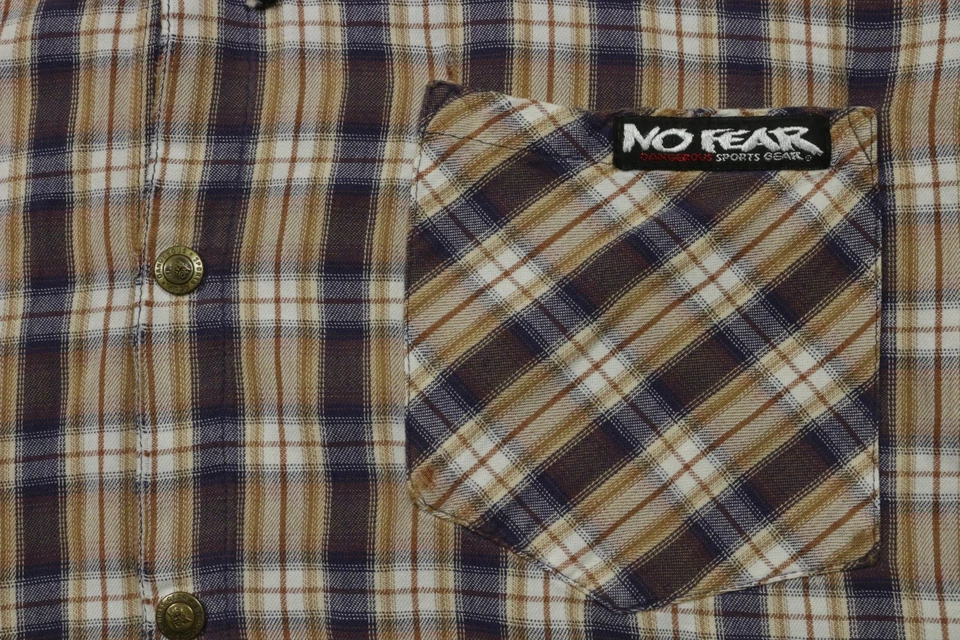 Camisa De Colección No Fear Para Hombres Grande Marrón A Cuadros Franela Con Capucha Hecha en EE. UU. 90s Foto 3 de 4