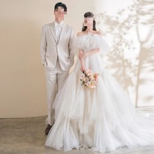 Off Shoulder Wedding Dresses A Line Short Sleeves Tiered Organza Bridal Gowns