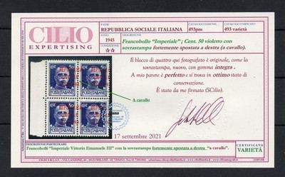 RSI 1945 CENT.50 QUARTINA WITH HEAVILY SHIFTED OVERPRINT G.I.**-CERT.CILIO