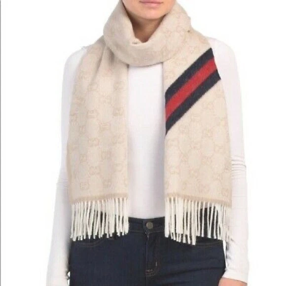 GUCCI 570603 Foulard unisexe femme homme 37x190 100% laine beige NEUF