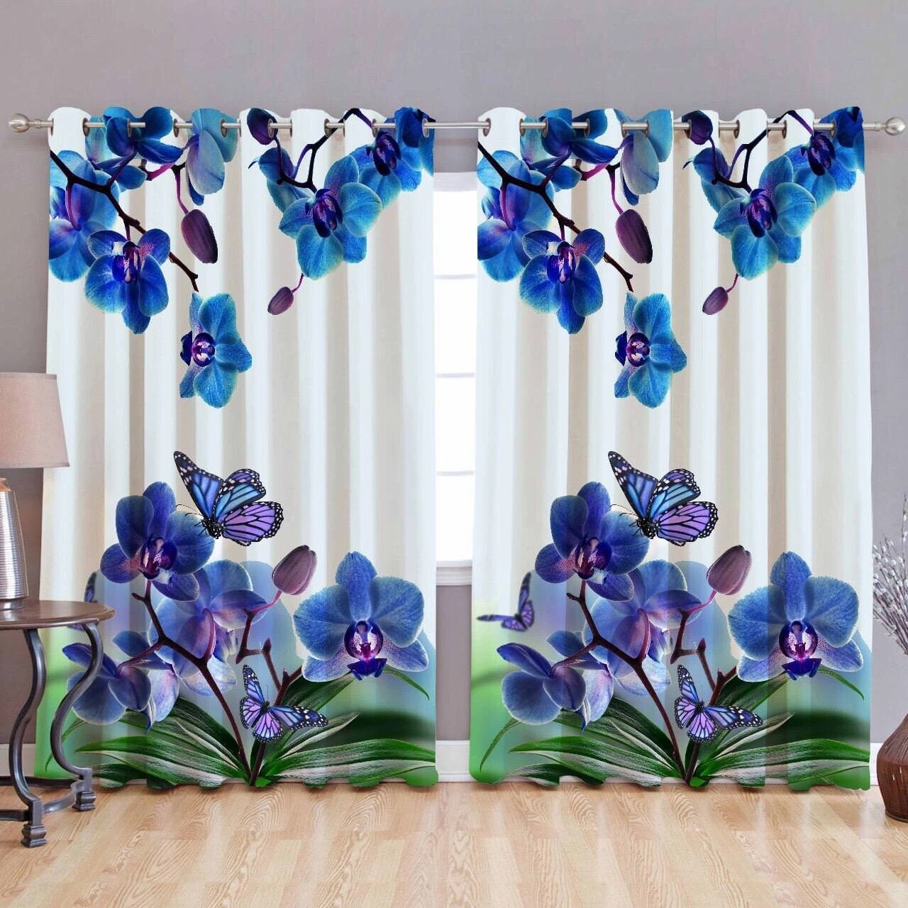 Paquete De 2 Poliéster Estampado de Mariposa Arandela Cortina para Puerta Ojal