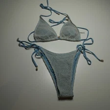 Zaful Fishnet Shell Decor Triangle String Tanga 2 Piece Bikini Set Blue Size 6/M
