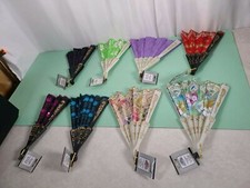 Lot of 8 Oriental Folding Fans Fabric White Plastic Paint Gold Glitter Design