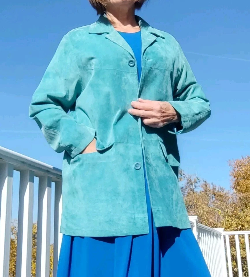 🎁 Abrigo Chaqueta Blazer De Colección Para Mujer Cuero Gamuza Real Mediano Azul Teal Elegante  Foto 3 de 4