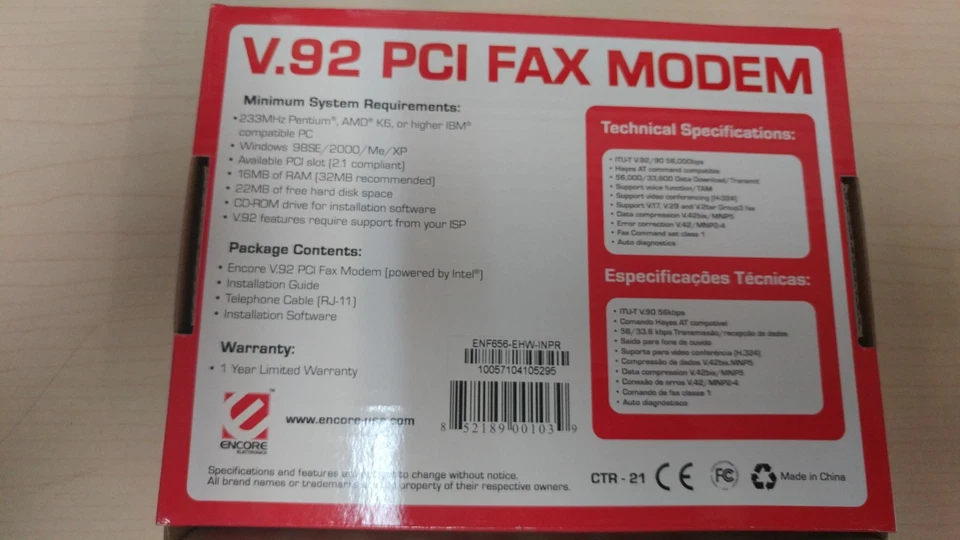 Encore ENF656-EHW-INPR 56 k INTERNAL Fax Modem V.90 FOR WIN NT/98/XP/2000/ME - Image 2 of 3