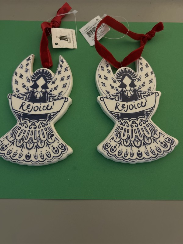 2 REJOICE Angel Blue White Ornaments 5 In Ceramic