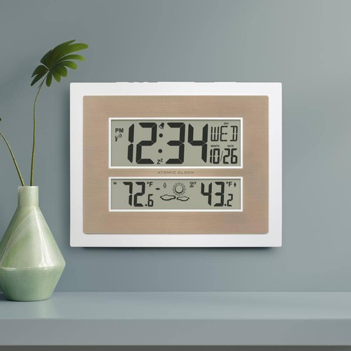 Atomic Digital Clock Temperature Sensor Forecast White/ Champagne Time Alarm - Picture 8 of 8