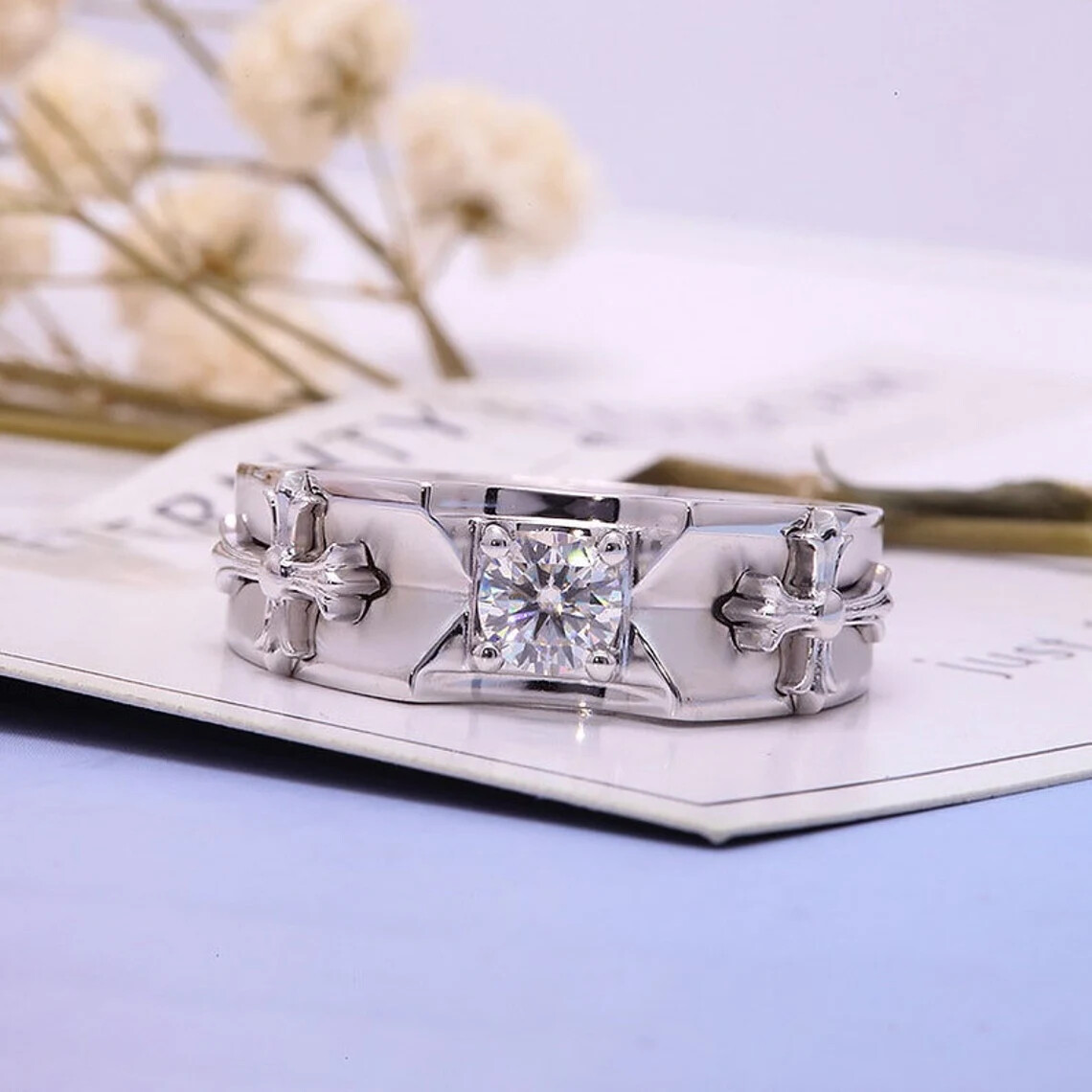 Broad Band Sterling Silver Solitaire 1.50 CT Round Cut Moissanite ...