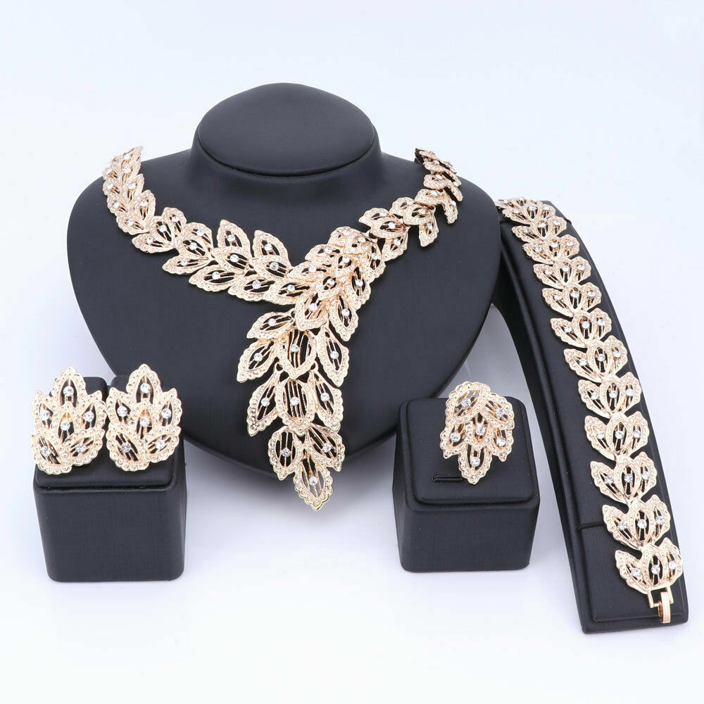 Wedding Gold Plated Crystal Leaves Necklace Earring Bracelet Ring Jewelry  Set | eBay