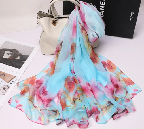 100 % Seide Schal Damen Halstuch Schal Halstuch Blumenmuster rot blau MY114-15 - Bild 1 von 6