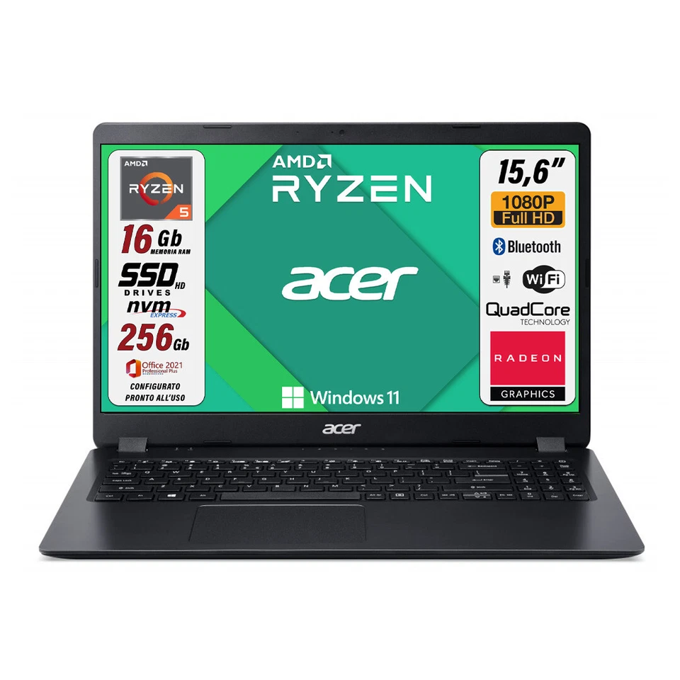 Acer Aspire Ryzen 5 3500U SSD 256 GB RAM 16 GB 15,6 FHD Radeon Office21 Win11Pro