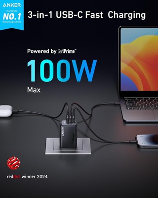 Anker Prime 100W USB-C 3-Ports GaN Wall Charger - Black