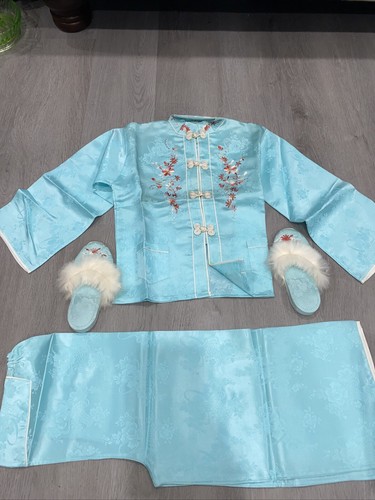 Vintage 1950s Japanese light Blue Silk Pajama Set + Slippers In Box