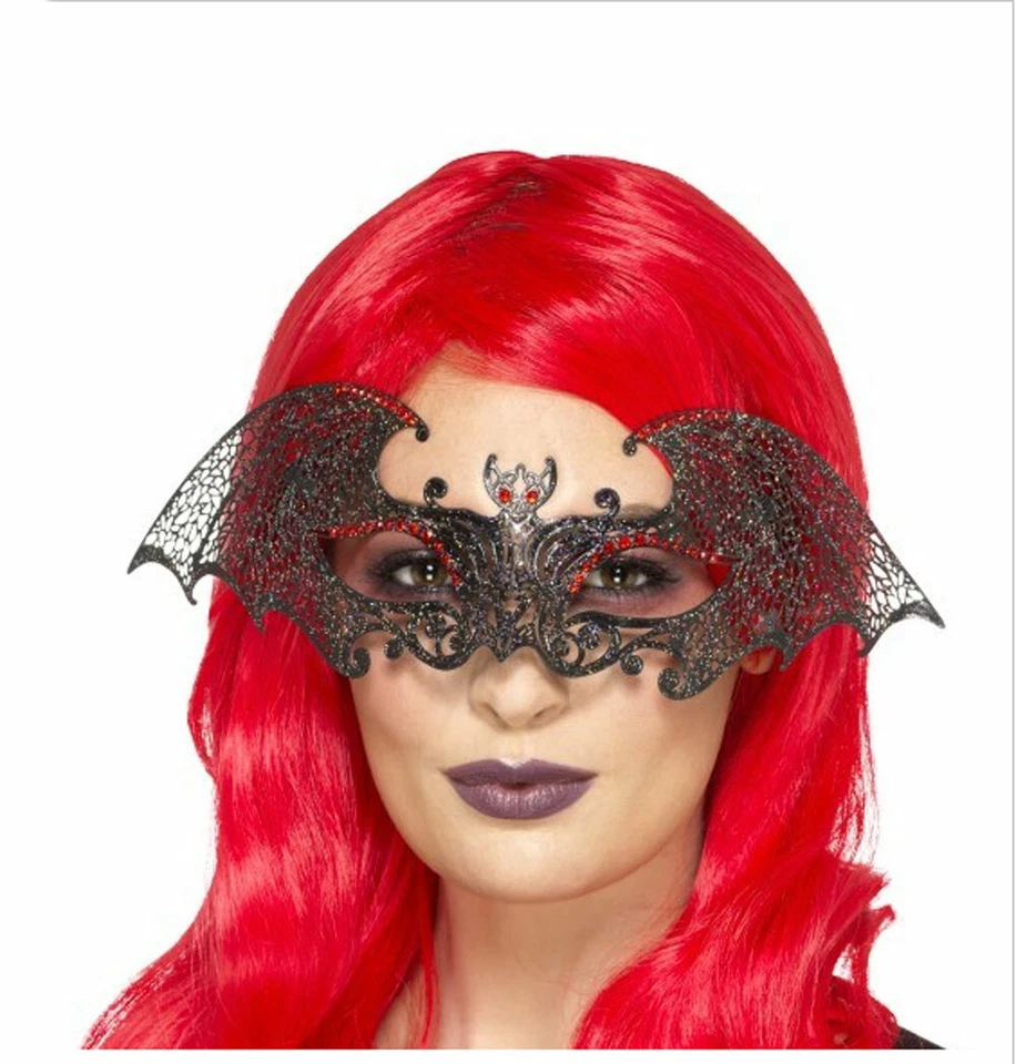 Metal Filigree Bat Masquerade Mask SMIFFYS Black Red Multi Jewelled MARDI GRAS - Image 2 of 4