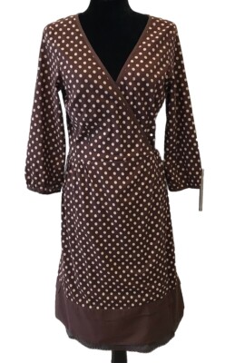 Stella Forest Brown White Polka Dot 3/4 Sleeve V-Neck Lined Wrap Midi Dress  42 | eBay