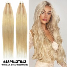 Invisible 100% Tape In Remy Human Hair Extensions Skin Weft Full Head Balayage