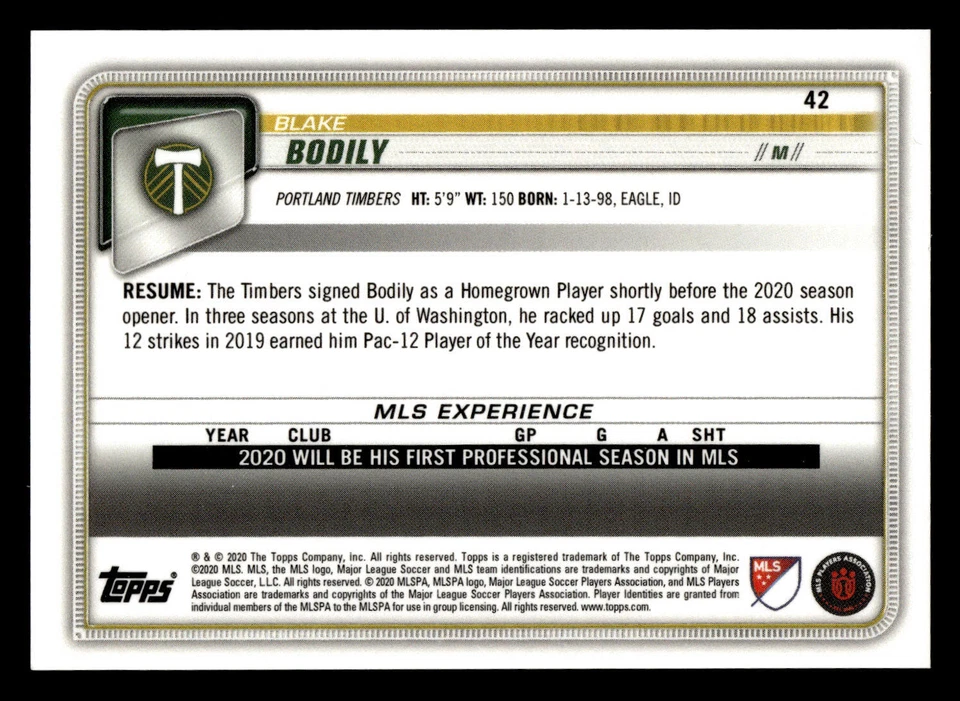 2020 Bowman MLS Blake Bodily Yellow /75 #42 - Image 2 of 2