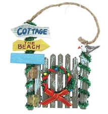 BEACH THEME WOOD GATE W/ SEA GULL AND WREATH COASTAL NAUTICAL CHRISTMAS ORNAMENT