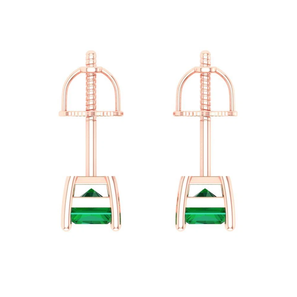 Pendientes solitarios de oro rosa macizo con tachuelas corte esmeralda de 2,0 quilates empujar hacia atrás Foto 4 de 4