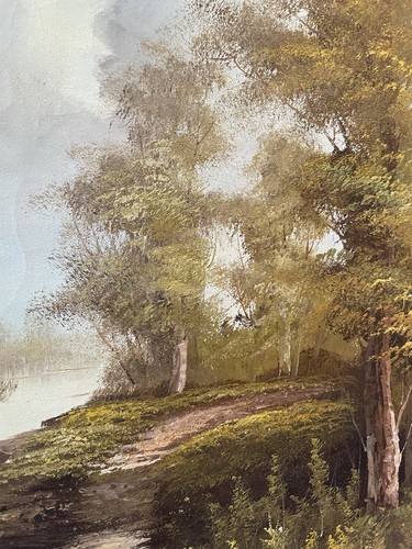 Vintage Oil On Canvas Landscape Painting Forest Spring River Scene Mid Century - Picture 4 of 5