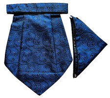 Blue black Men Silk Cravat POCKET SQUARE Scarf Ascot Tie PARTY-PRE STITCHED