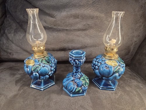 Vtg Inarco Mood Indigo Fruit Oil Lamp Set (2) & Candlestick Japan Cobalt Blue... - Image 1