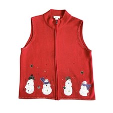 Vintage Snowman Christmas Sweater Vest Red Chunky Knit Zip Front Ugly Tacky