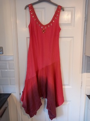Per Una Size 14 100% Linen Asymmetrical Ombre Dress Beaded Detail Whimsigoth Y2k