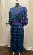 Vtg Susan Freis Womens Midi Dress XS Colorful Geometric Pleated 80s SALE