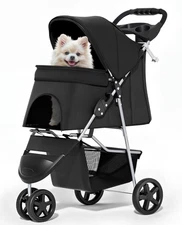 MoNiBloom Foldable Pet Stroller with Weather Cover 3 Wheels Black