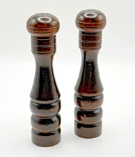 Vintage Turned Dark Wood Grain Wooden Salt & Pepper Shakers Set 6.5" MCM