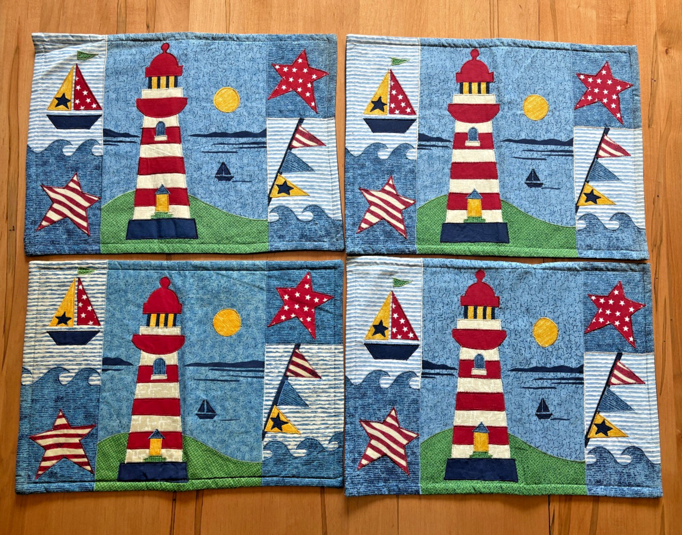 Set of 4 Applique Quilted Nautical Lighthouse Sailboat Blue Placemats 17 x 12