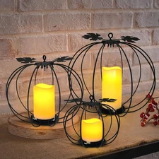 Halloween Metal Pumpkin Candle Holder, 3 Pcs Light up Black Pumpkin Lantern with