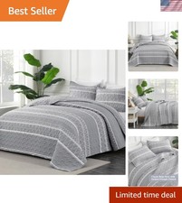 Quilt King Size Set Grey 106x96 Inch, 3 Pieces1 Striped Boho Printed Quilt an...