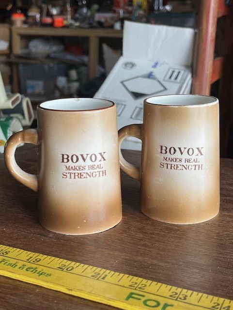 2 Vintage BOVOX Makes Real Strength Mugs, 3 3/4" Tall