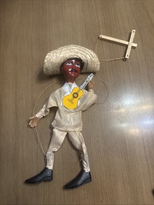 Vintage Marionette Mariachi Spanish Puppet Straw Hat Guitar