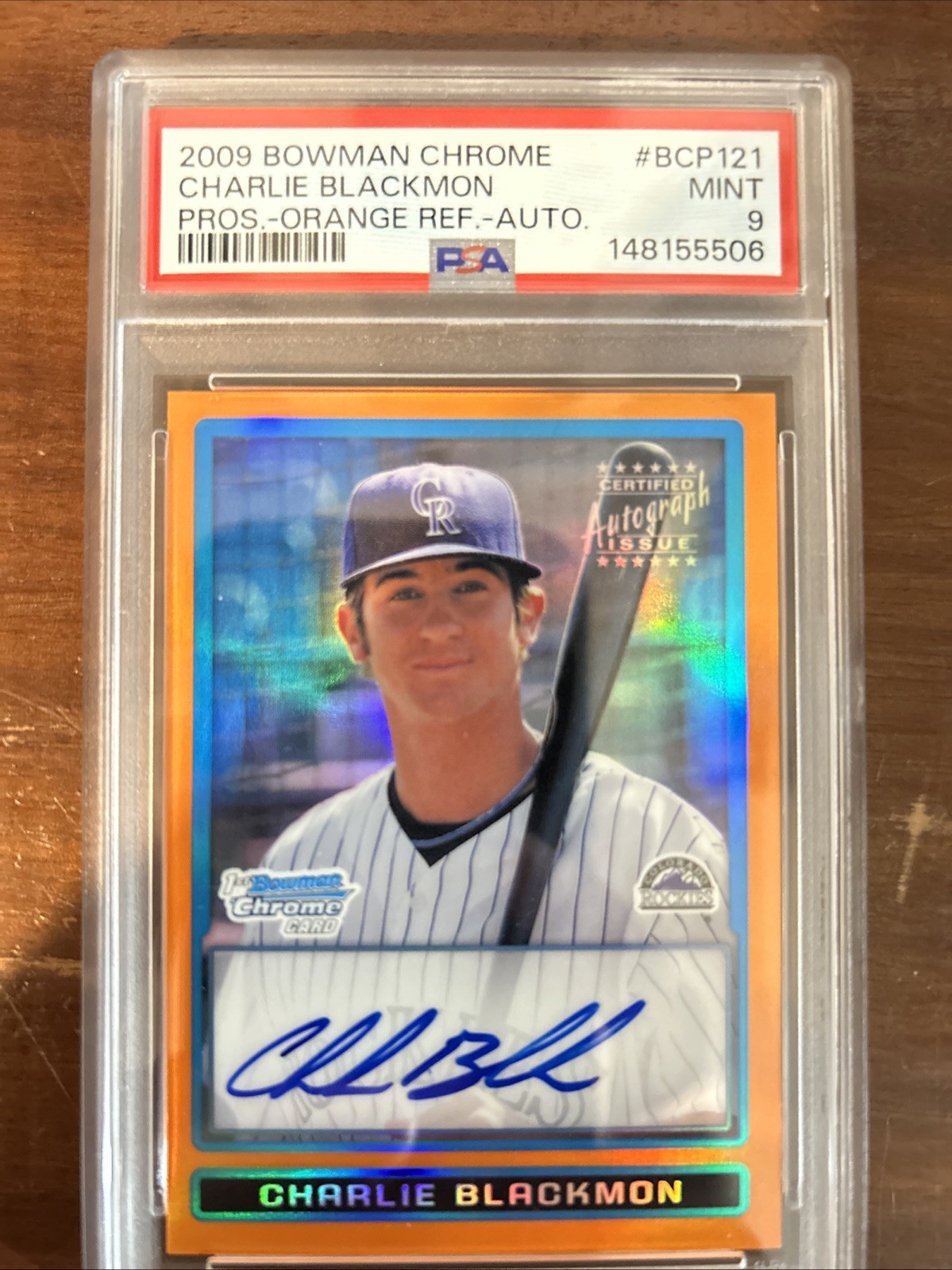 2009 Bowman Chrome Prospects Charlie Blackmon #BCP121 Orange /25 Auto PSA 9 view 2