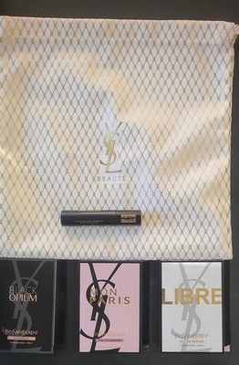 Yves Saint Laurent YSL Beaute Drawstring Makeup Bag White Gold with samples 