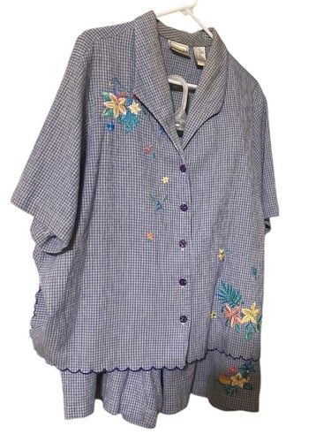 Vintage Napa Valley Shirt & Shorts Set Women 2X Blue Gingham Embroidered Cottage - Picture 5 of 24
