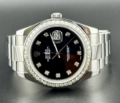 Rolex Mens Datejust 41mm Oyster Steel Watch ICED 3ct Diamond Black Dial 116300 - Picture 2 of 8